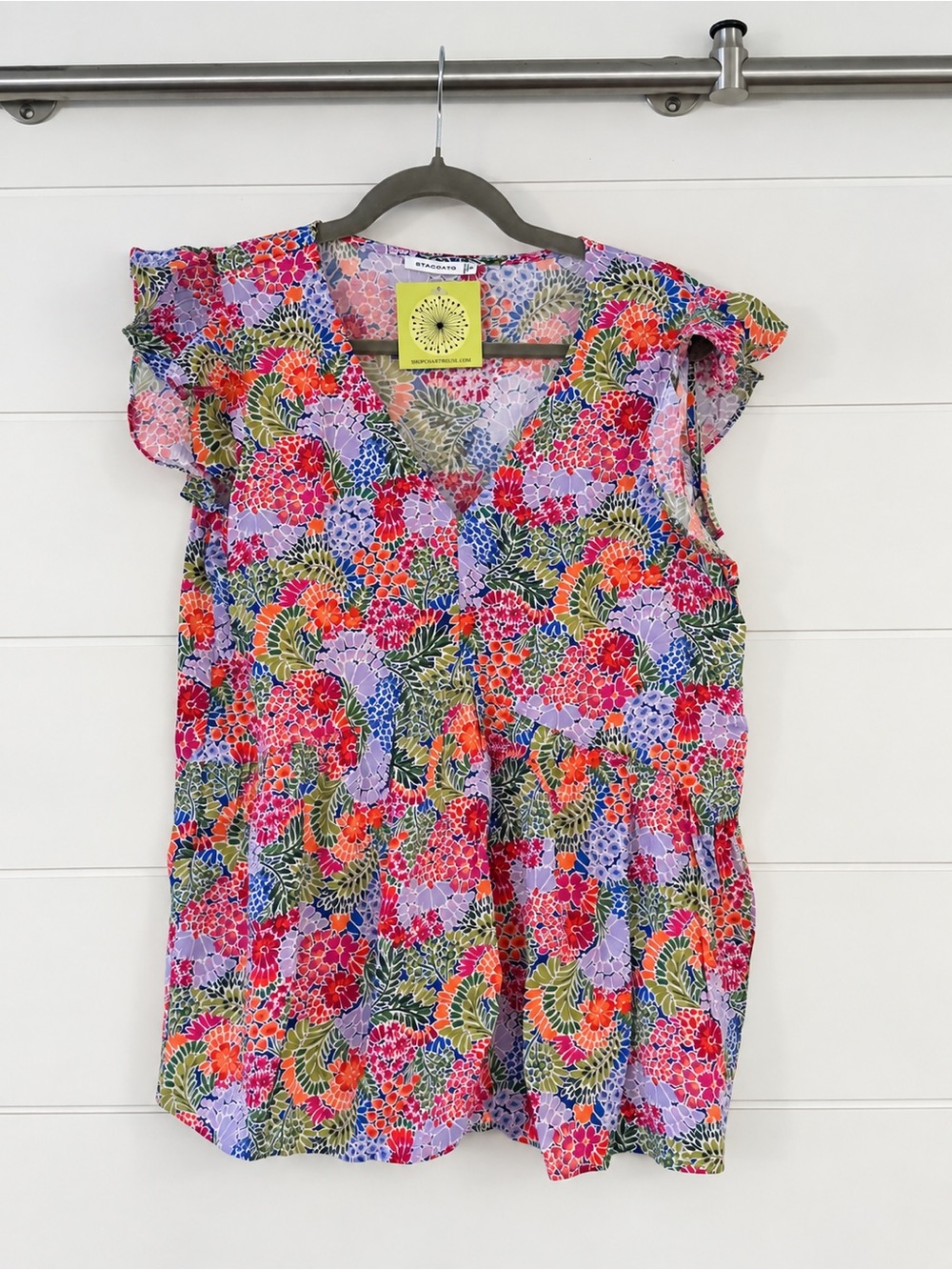 Staccato Pink Red Green Floral Flutter-Sleeve Dress, Size S